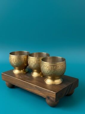 VTG Set of 3 Engraved Brass Pedestal Cups 2.5”